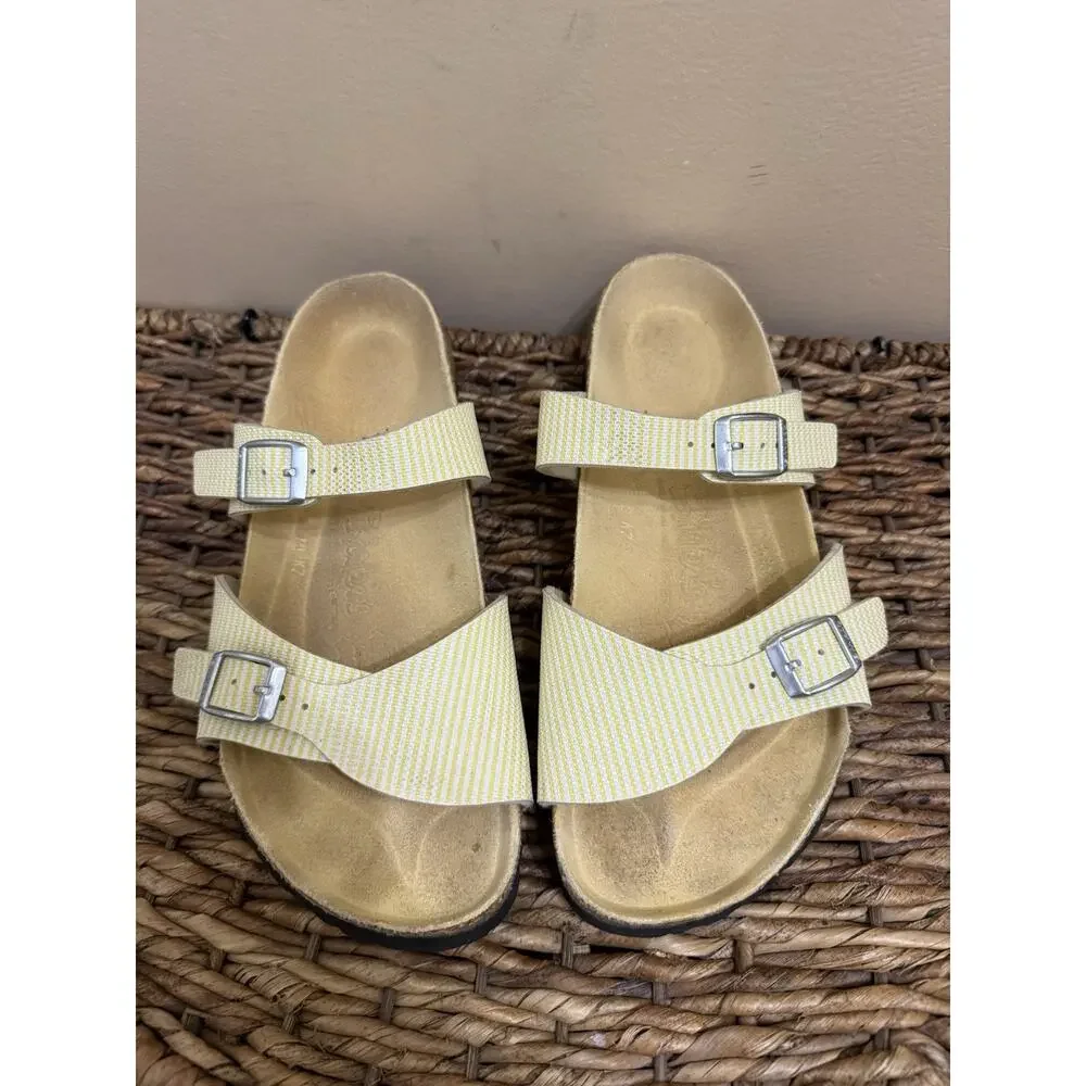 Birkenstocks Birki’s Aziza Sandals Yellow/White Narvic Stripe Us 8 Eu 39